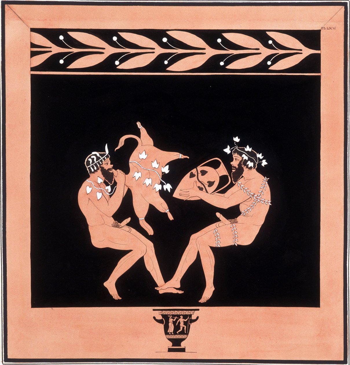 Due fauni che mangiano e bevono vino - "Dipinti di antichi vasi, comunemente chiamati etruschi", tratti da varie collezioni e incisi da A. Clener, accompagnati da spiegazioni di A.L. Millen. Di Dubois-Maisonneuve. Biblioteca di Maisons Alfort, Veterinar da Unknown artist