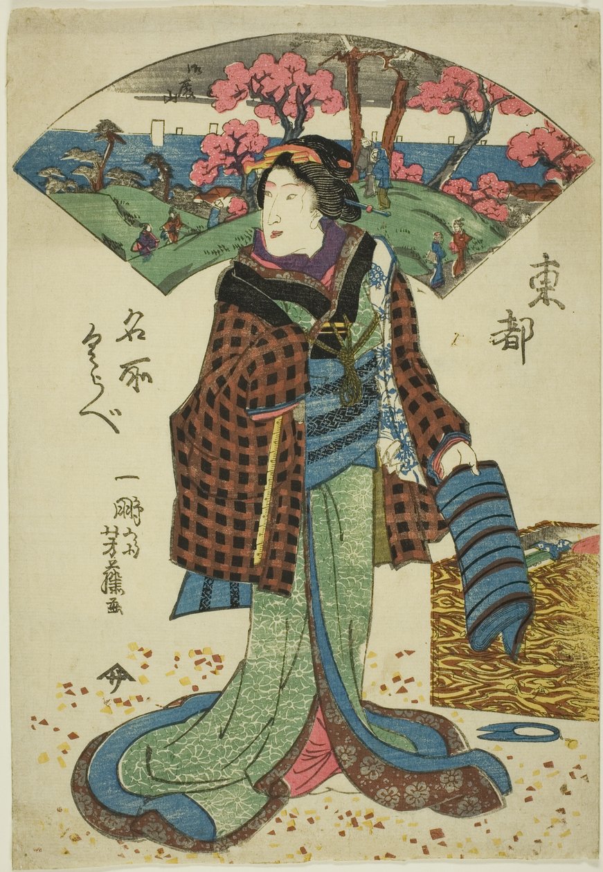 Due stati della stessa stampa che mostrano una donna, apparentemente una sarta, isolata sulla pagina con un ventaglio paesaggistico dietro di lei nella parte superiore della stampa. Dalla serie: Tôto Meisho Kurabe da Unknown artist