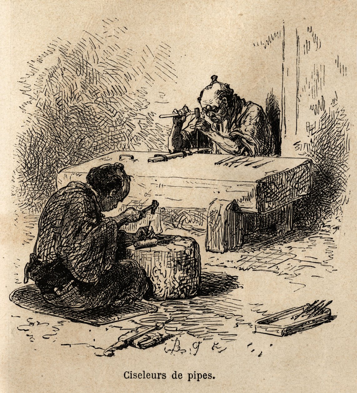 Due operai, ciascuno con un martello e un punzone, stanno scolpendo tubi di metallo nella loro officina. Incisione per illustrare il viaggio in Giappone, di Aime Humbert, ministro della Confederazione Svizzera, nel 1863-1864, pubblicato in 