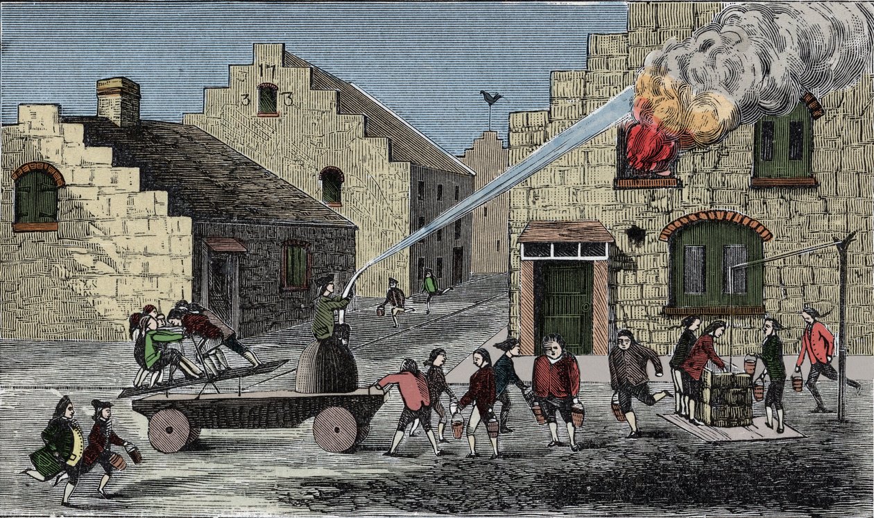 Uso di una pompa antincendio per spegnere un incendio. Incisione del 1733 da Unknown artist