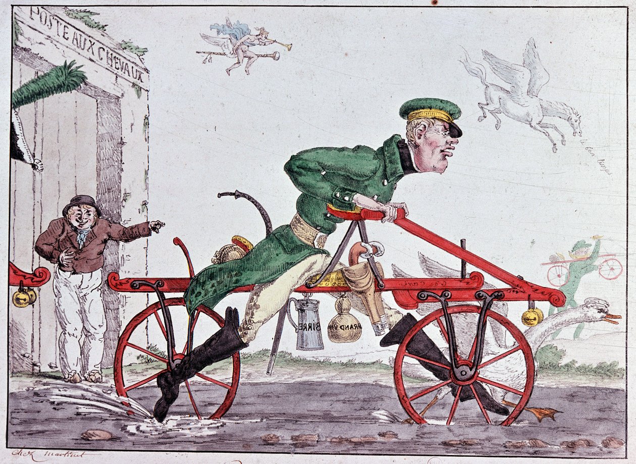 Velocipedi draisiennes - caricatura su Barone Drais da Unknown artist