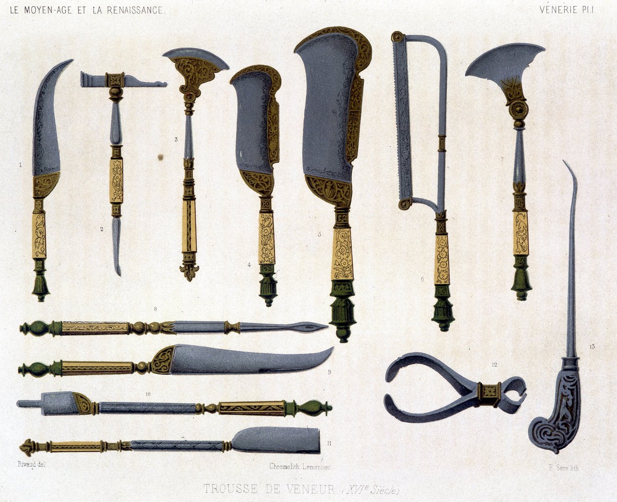 Tavola di caccia: kit del cacciatore del XVI secolo. In “Il Medioevo e il Rinascimento” di Lacroix da Unknown artist