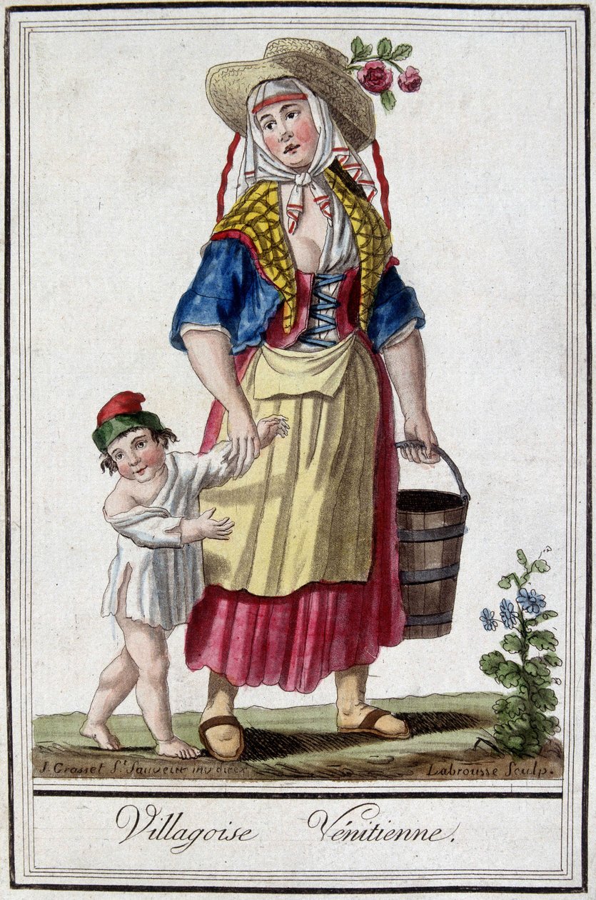 Villaggio veneziano con suo figlio. Incisione del XVIII secolo da Unknown artist