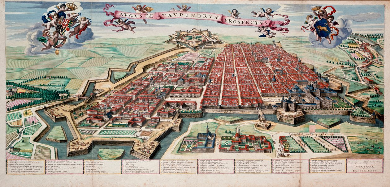 Veduta e mappa della città di Torino nel 1700 Stampa colorata da Unknown artist