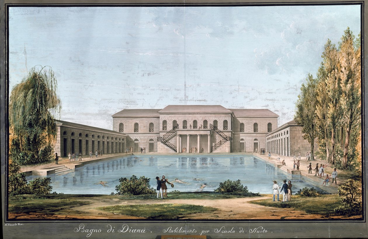 Veduta del bagno Diana, prima piscina italiana, a Milano (dipinto) da Unknown artist