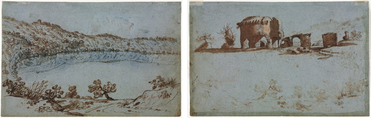 Vista del Lago di Nemi (recto) Piccolo gruppo di rovine romane (verso) da Unknown artist