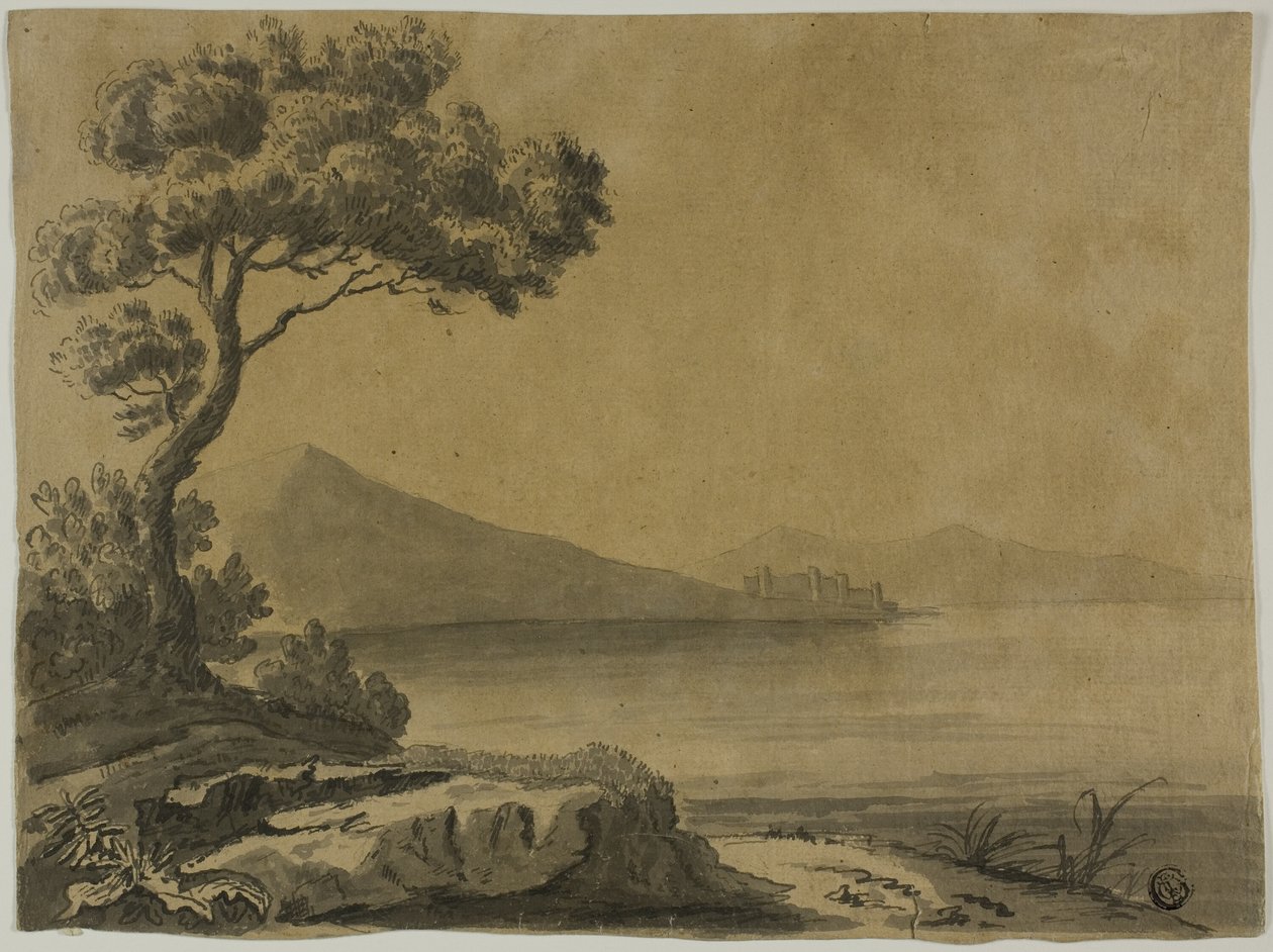 Veduta del lago, con grandi alberi in primo piano da Unknown artist