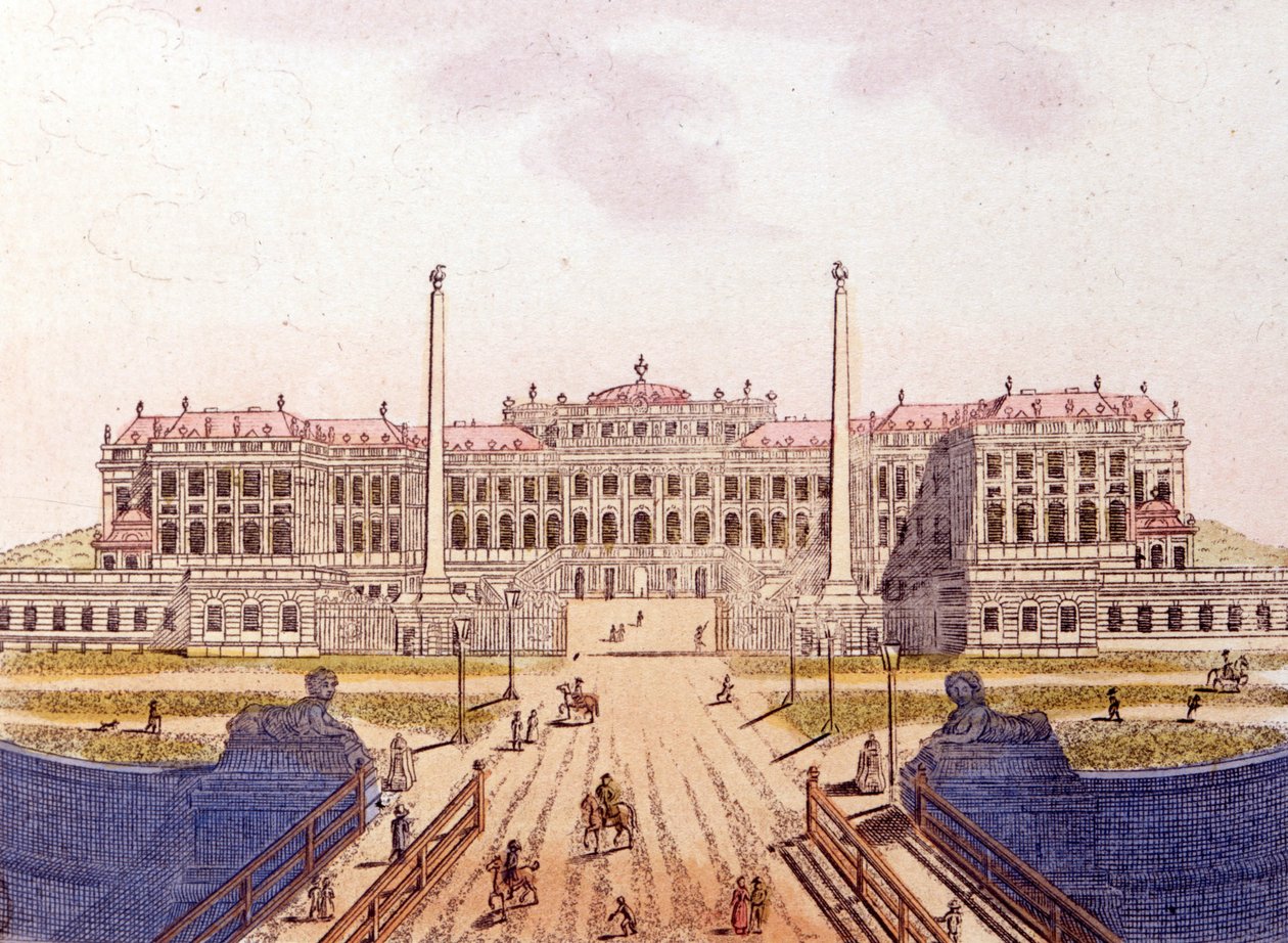 Vista del Castello di Schönbrunn, ex residenza della Famiglia Imperiale Austriaca, Vienna, Austria, incisione del 1820 da Unknown artist
