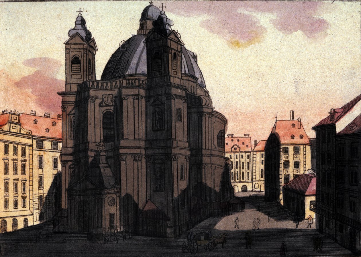 Veduta di Piazza San Pietro e della Chiesa a Vienna, Austria. Incisione del 1820 da Unknown artist