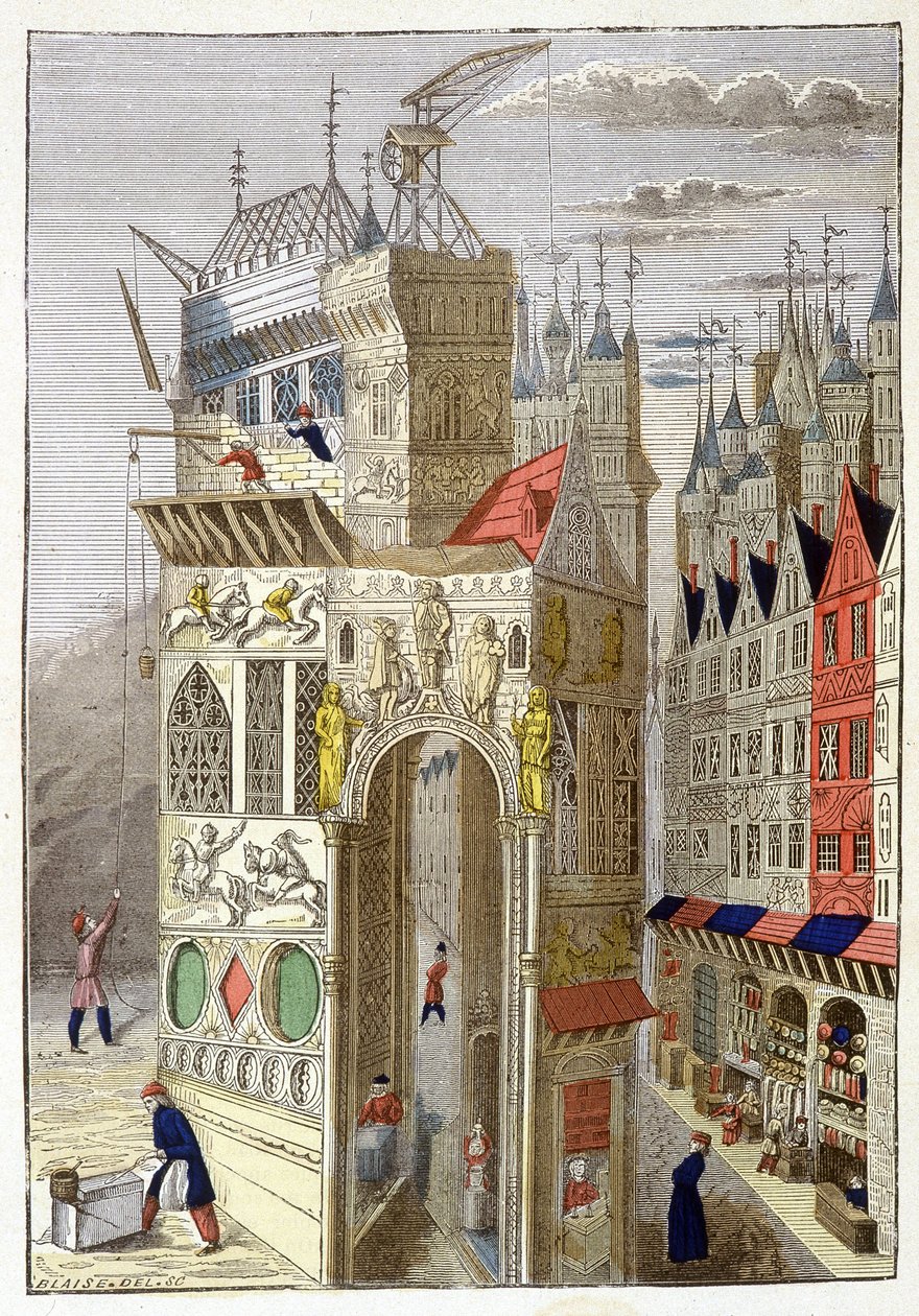 Veduta di una via di Parigi nel XV secolo, con le sue case a graticcio e una chiesa in costruzione. da Unknown artist