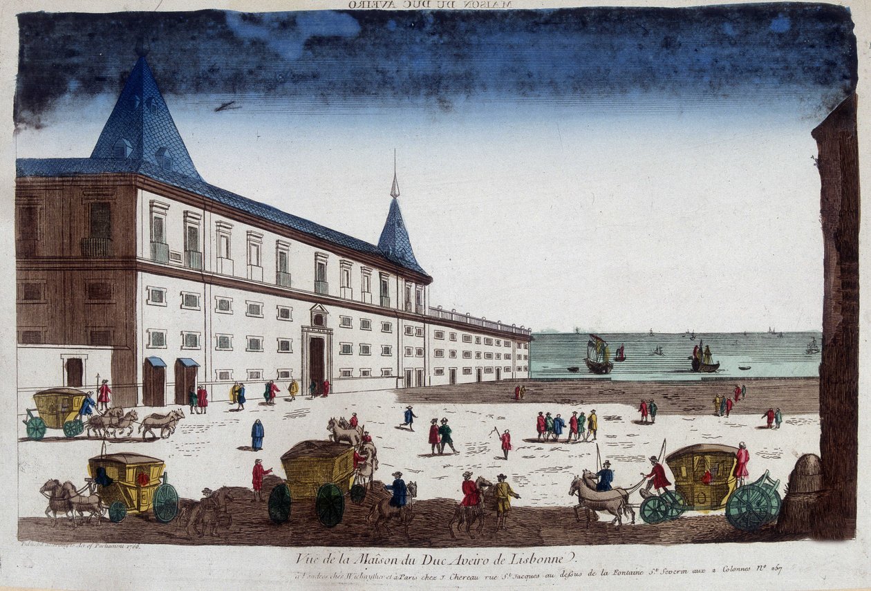 Veduta della casa del Duca di Aveiro a Lisbona, Portogallo. Incisione del XVIII secolo da Unknown artist