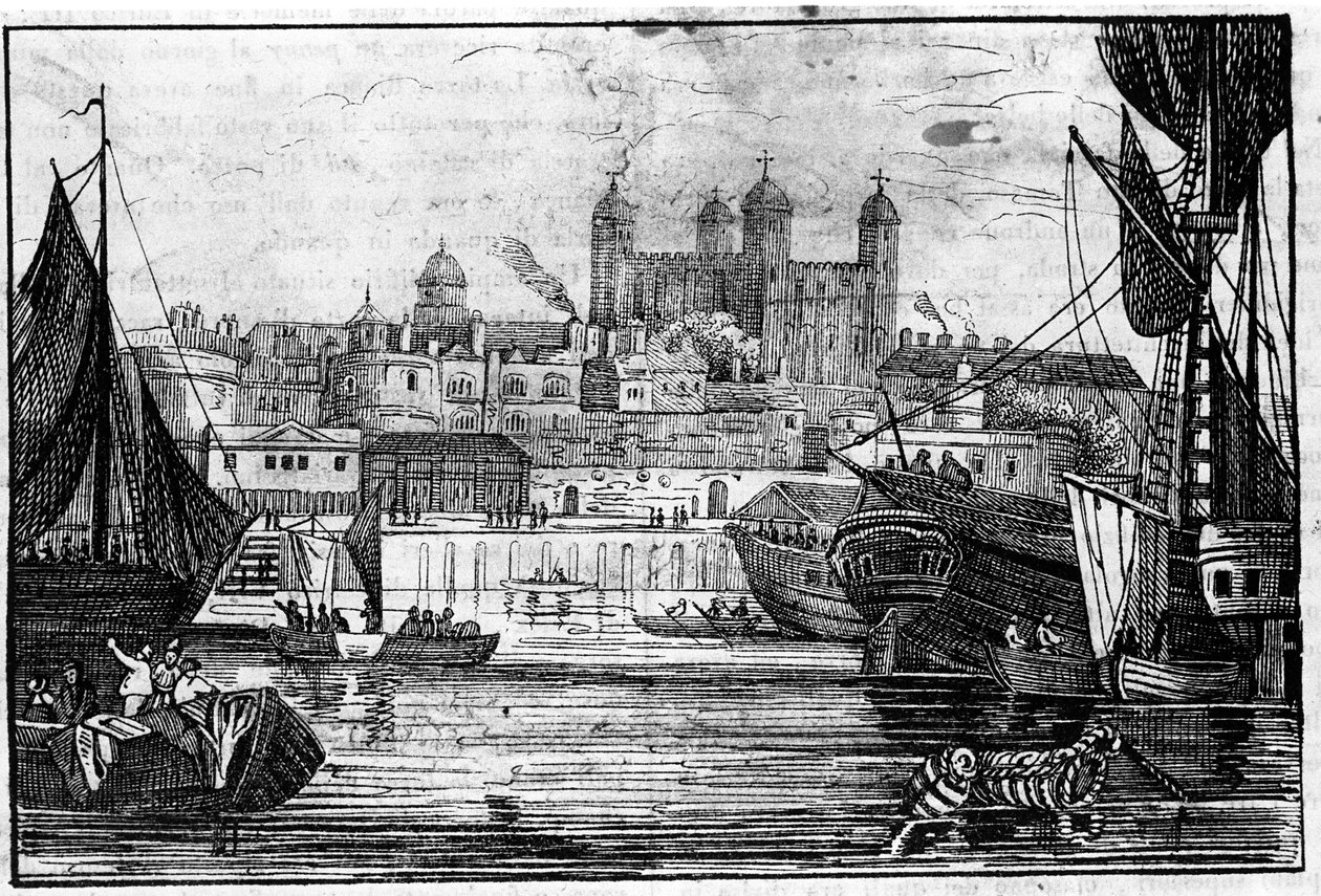 Veduta della Torre di Londra e del Tamigi alla fine del XVIII secolo. Incisione da Unknown artist