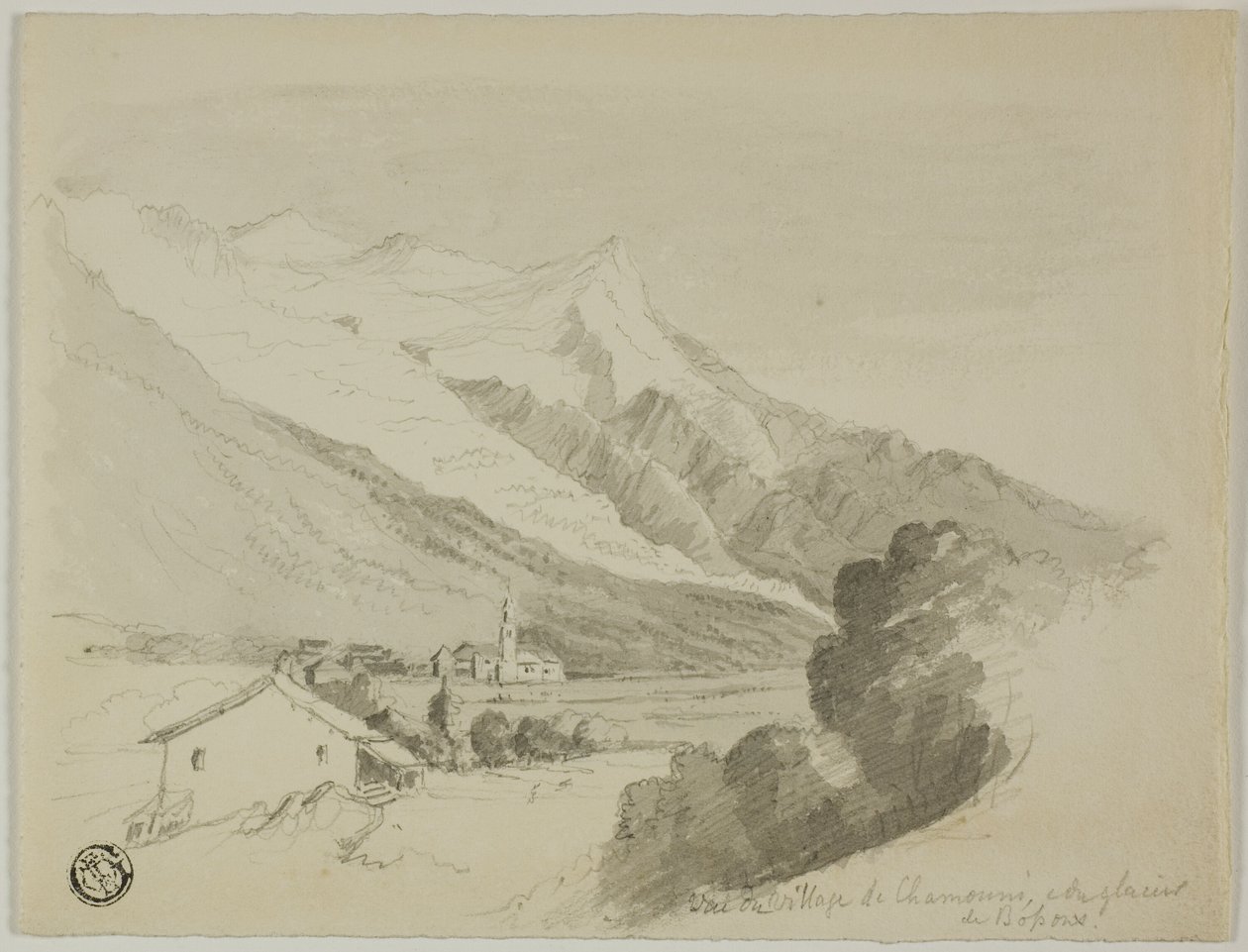 Veduta del villaggio di Chamonix e del ghiacciaio dei Bossons da Unknown artist