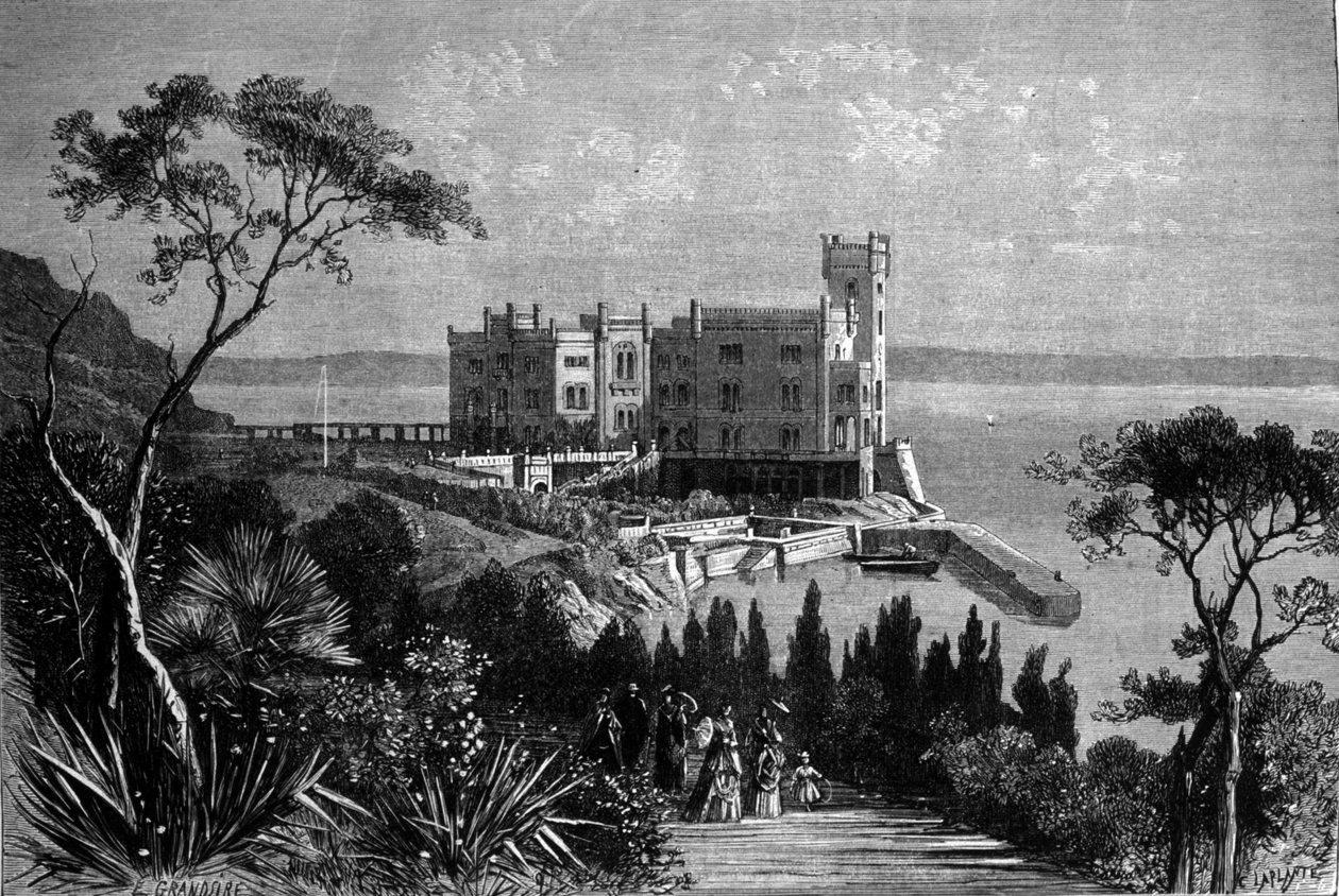 Vista del castello di Miramare a Trieste (durante il periodo austriaco), incisione del 1885 da Unknown artist
