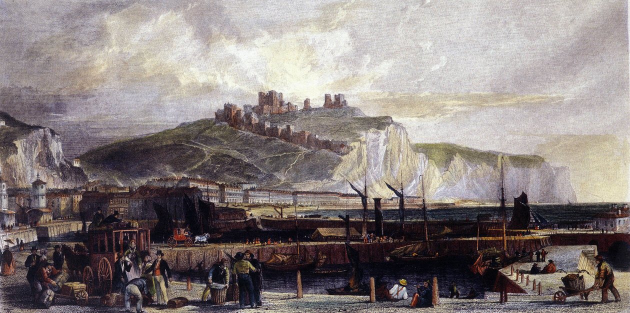 Veduta della città di Dover e delle sue alte scogliere bianche di gesso in Inghilterra. 1850 da Unknown artist