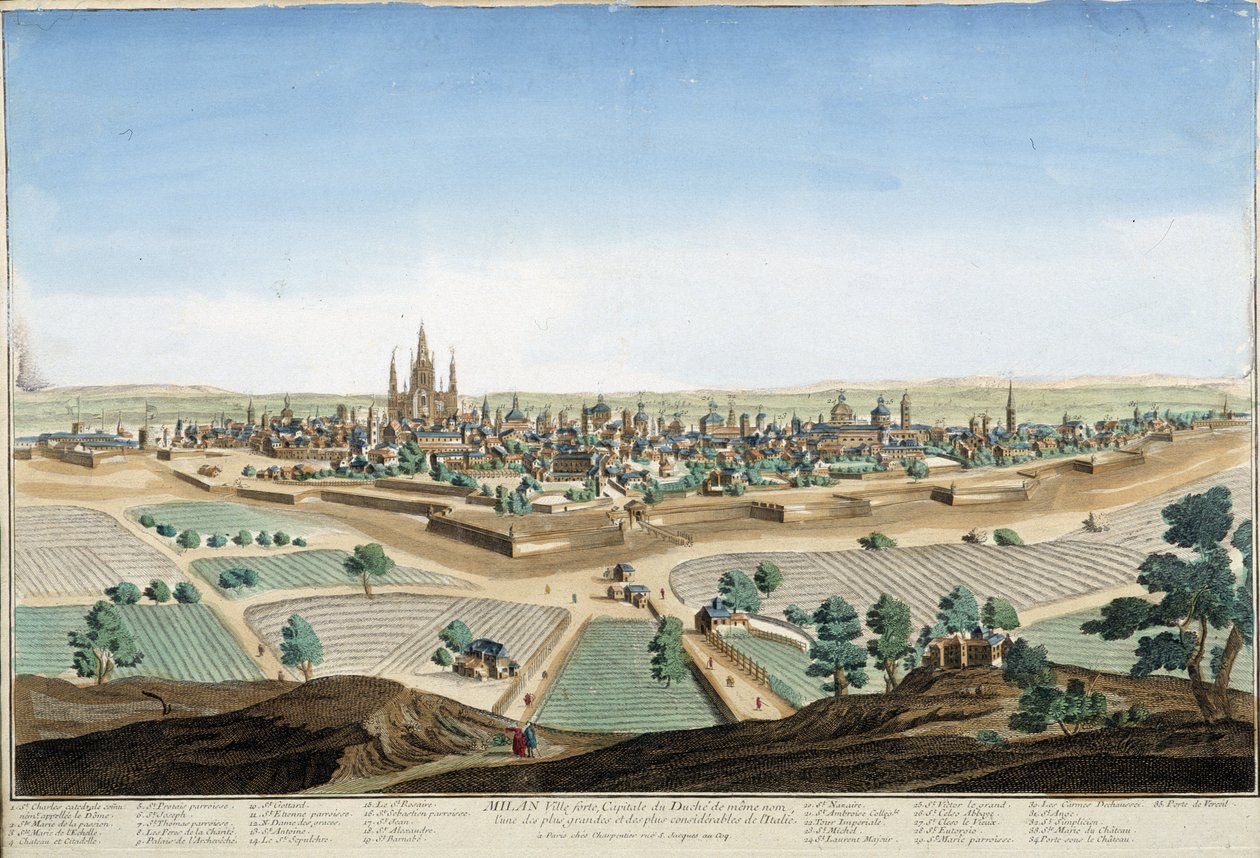 Veduta della città di Milano, Italia con la cattedrale e le fortificazioni. Incisione del XVIII secolo da Unknown artist