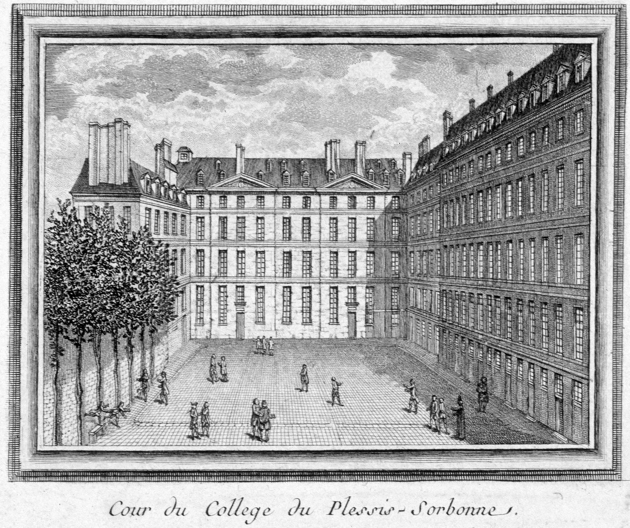 Vista del cortile del collegio di Plessis Sorbonne (Parigi), fondato nel 1323 da Geoffroy du Plessis Balisson, utilizzato nel 1848 e 1849 dall