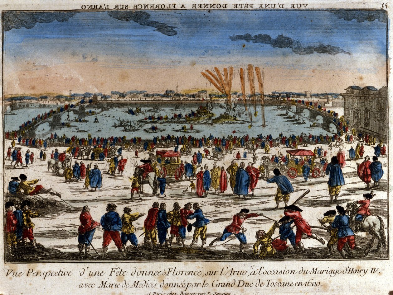 Vista della festa data a Firenze sulle rive del fiume Arno dal Granduca di Toscana in occasione del matrimonio di Enrico IV con Maria de