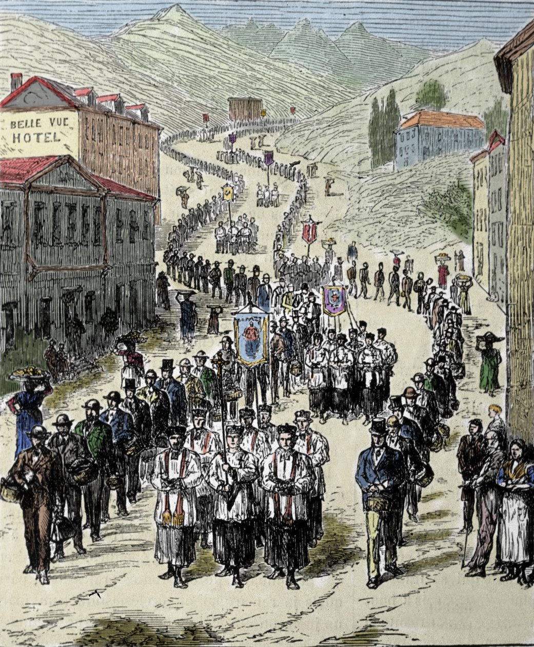 Veduta della processione dalla stazione alla grotta di Lourdes nei Pirenei dove la Vergine apparve a Bernadette Soubirous nel 1858, attuale luogo di pellegrinaggio. Incisione del XIX secolo da Unknown artist
