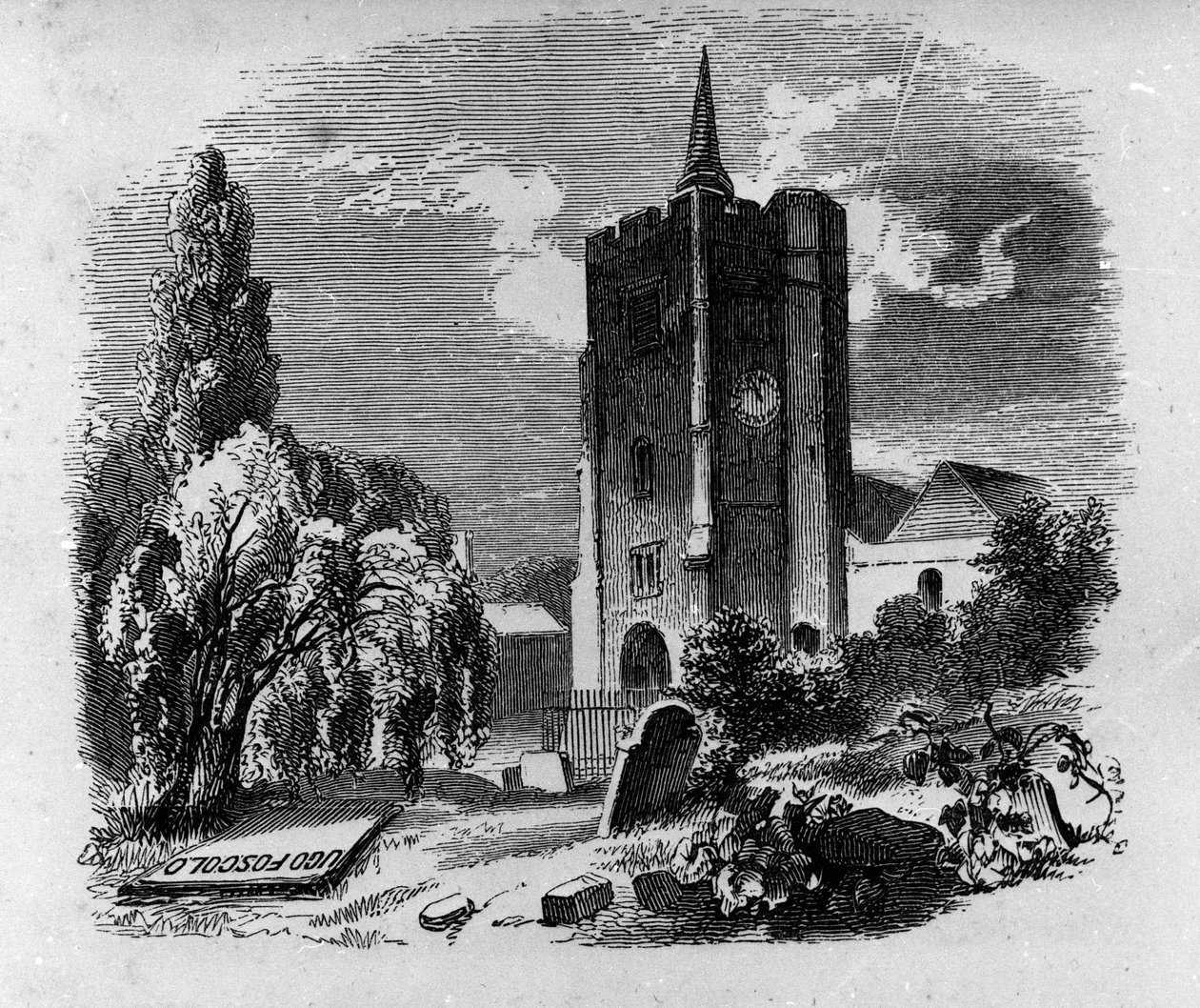 Veduta della tomba di Ugo Foscolo al cimitero di Chiswick a Londra. Incisione del XIX secolo da Unknown artist