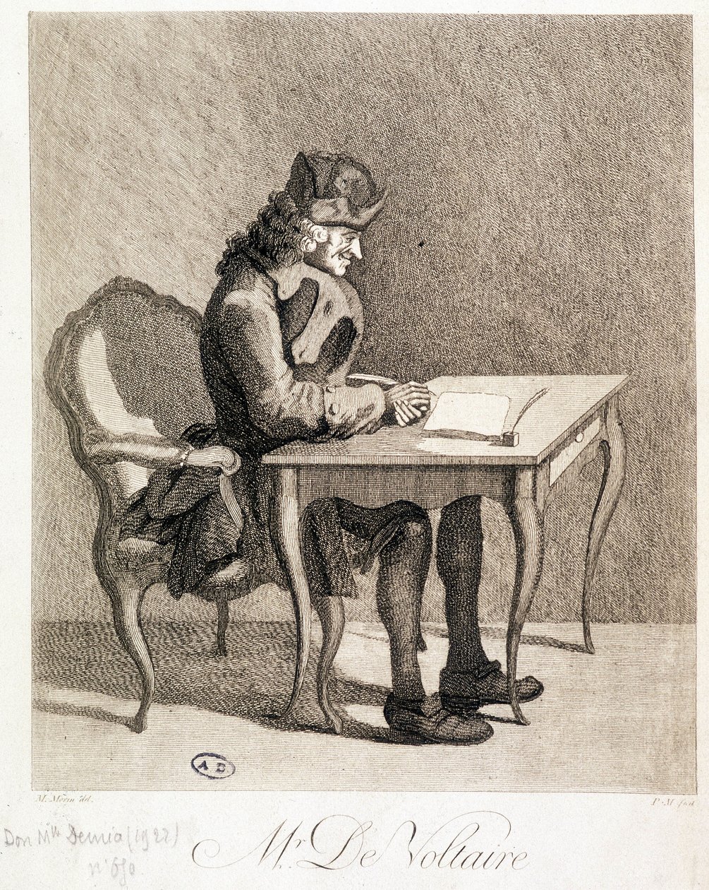 Voltaire al suo tavolo di lavoro - incisione da Unknown artist