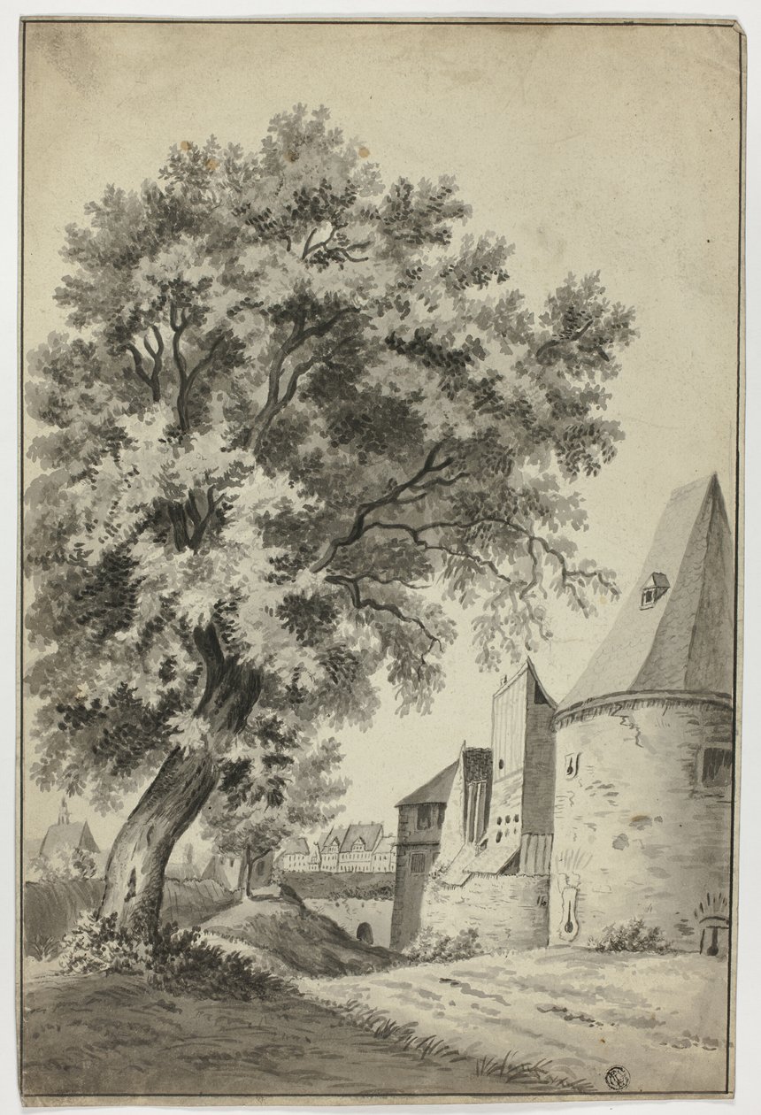 Villaggio murato e albero alto da Unknown artist