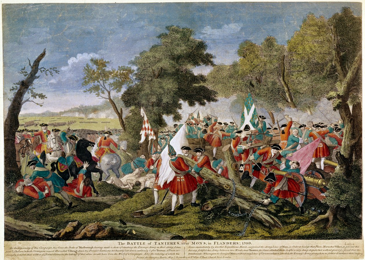 Guerra di successione spagnola (1701-1714): veduta della battaglia di Malplaquet vicino a Mons sul confine franco-belga 11/09/1709 tra truppe francesi e spagnole e una coalizione inglese, olandese e austriaca - Stampe del 1709 - BN Parigi da Unknown artist