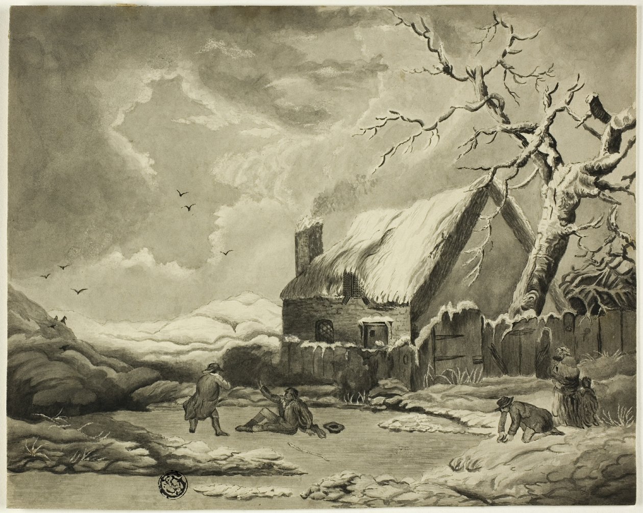Scena invernale con persone fuori da un cottage vicino a uno stagno da Unknown artist