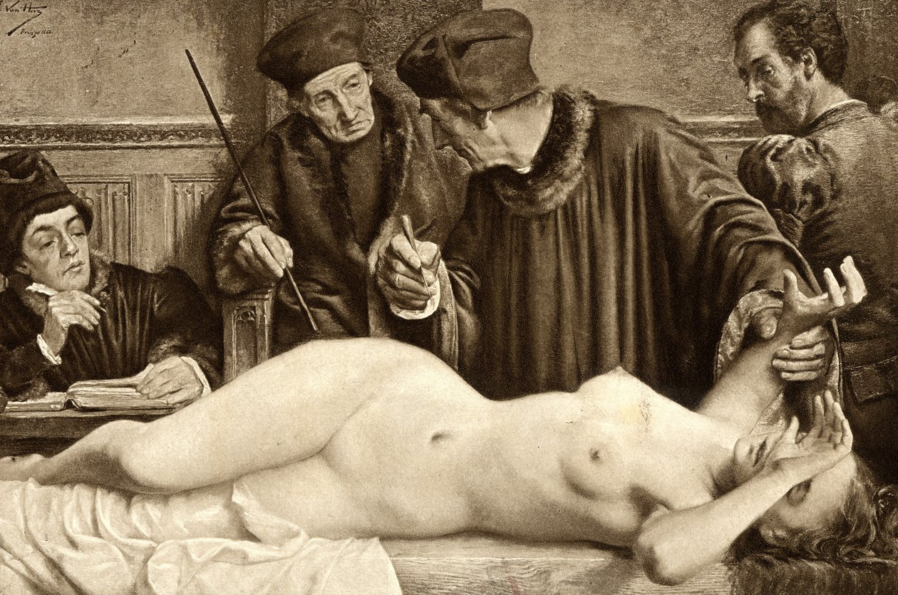 Stregoneria. Gli scienziati cercano una talpa sul corpo di una strega, per pizzicarla e studiarne la reazione. Illustrazione di E. Van Hoove. 1888 da Unknown artist