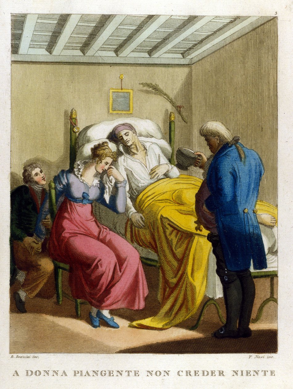 "Lacrime di donna, fonte di malizia. Guarda una donna che piange." Incisione del XVIII secolo che illustra una serie di proverbi. da Unknown artist