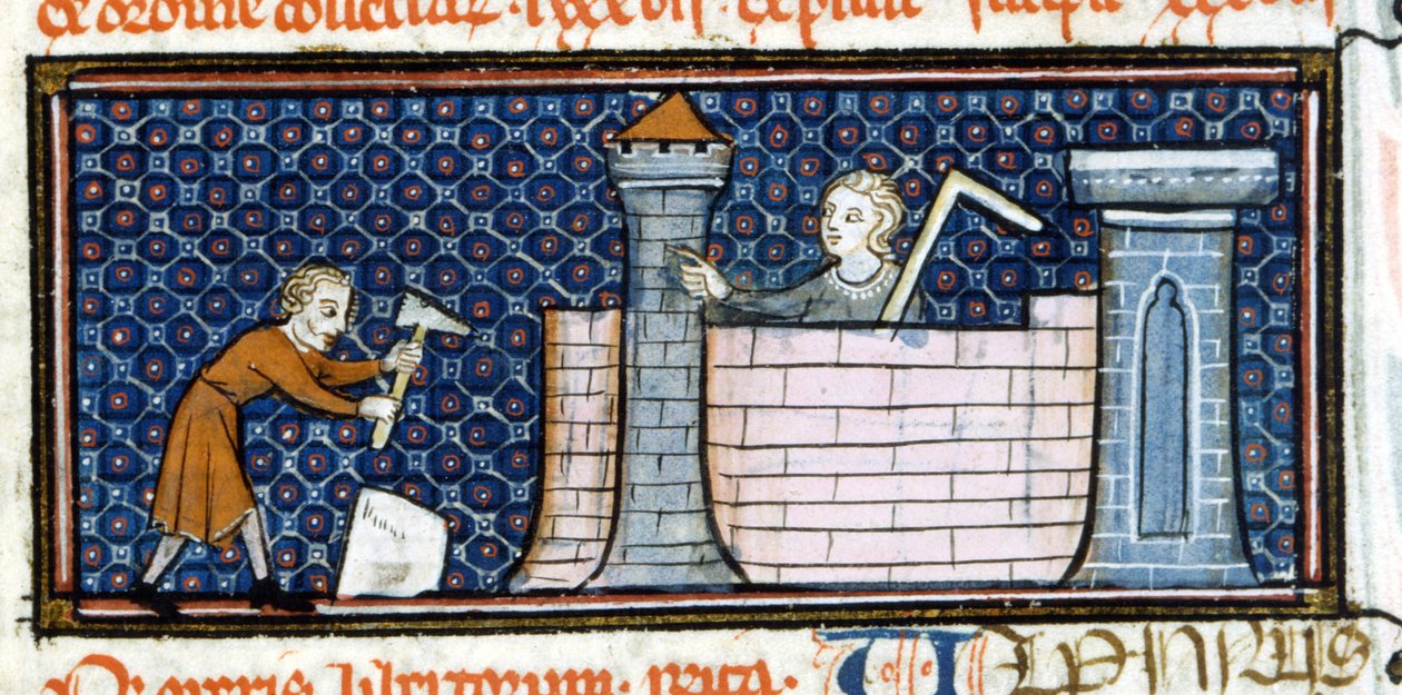 Operai che costruiscono un monastero fortificato, miniatura della metà del XIII secolo. Biblioteca Trivulziana da Unknown artist