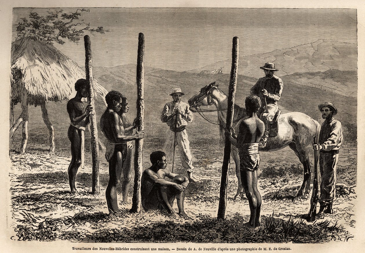 Lavoratori delle Nuove Ebridi (o dal 1980, la Repubblica di Vanuatu, un arcipelago melanesiano a nord della Nuova Caledonia), che costruiscono una casa, che l