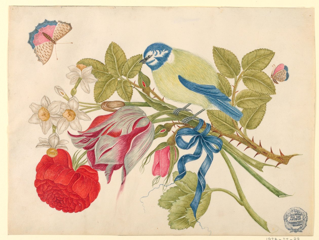 Uccello giallo e blu su bouquet con rosa, tulipani e narcisi, con farfalle da Unknown artist