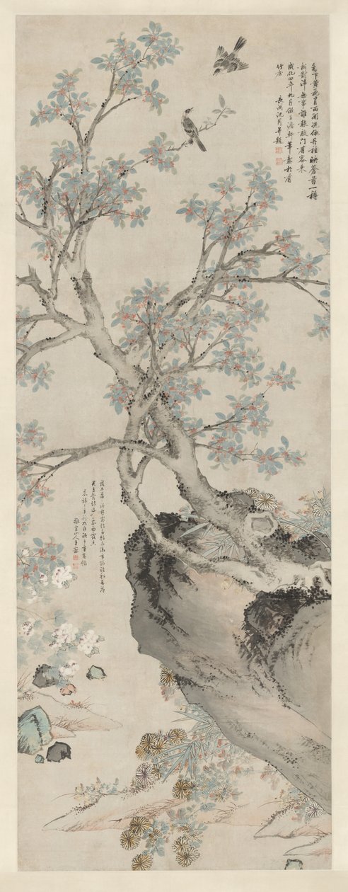 Crisantemi gialli e Osmanthus rossi nello stile di Wang Yuan da Unknown artist
