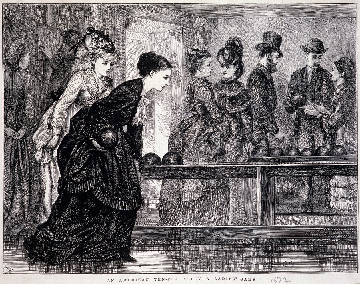 Giovani donne che giocano a bowling, negli Stati Uniti, circa 1870 - incisione da Unknown artist