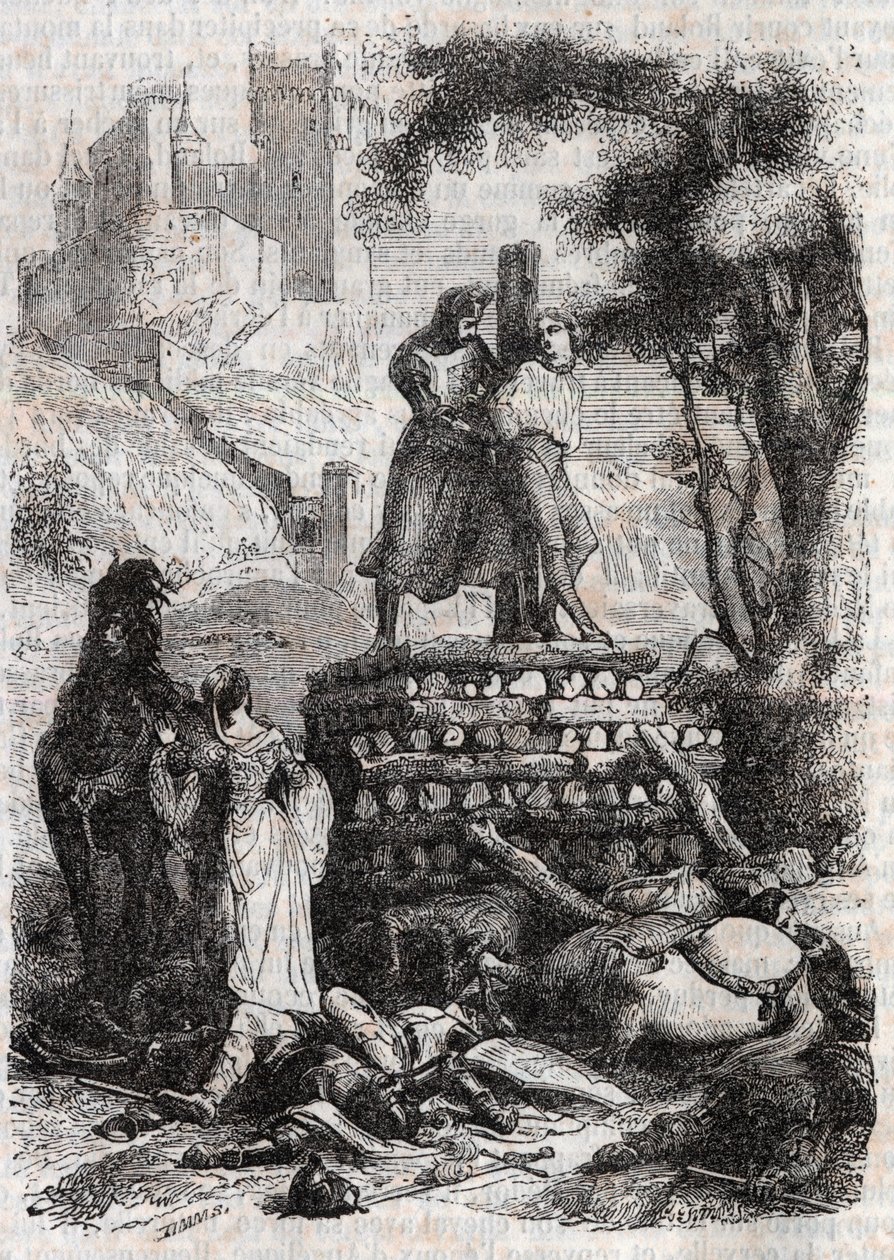 Zerbin sul rogo, liberato da Orlando - incisione del 1851 da “Orlando Furioso” da Unknown artist