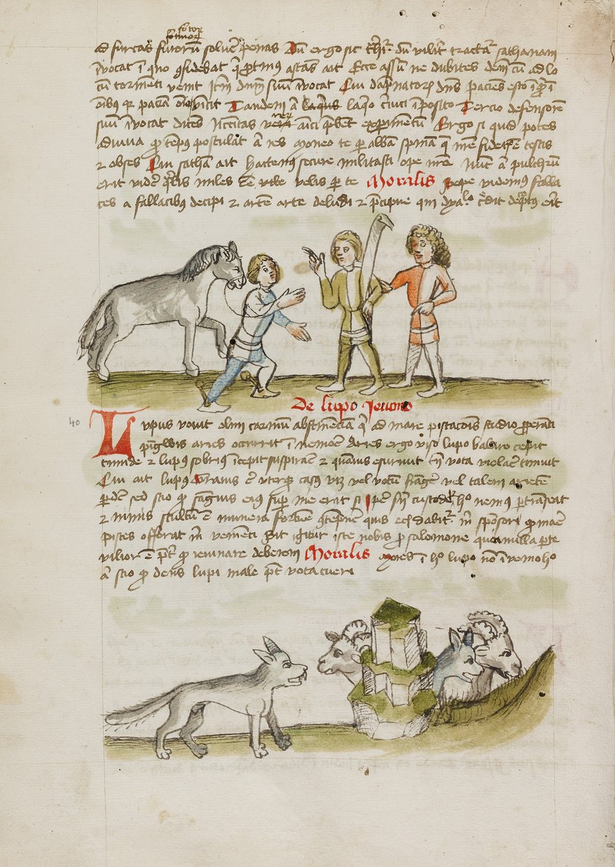 Un uomo che conduce un cavallo a due altri uomini; un lupo davanti a un gregge di pecore e di montoni da Unknown artist/maker