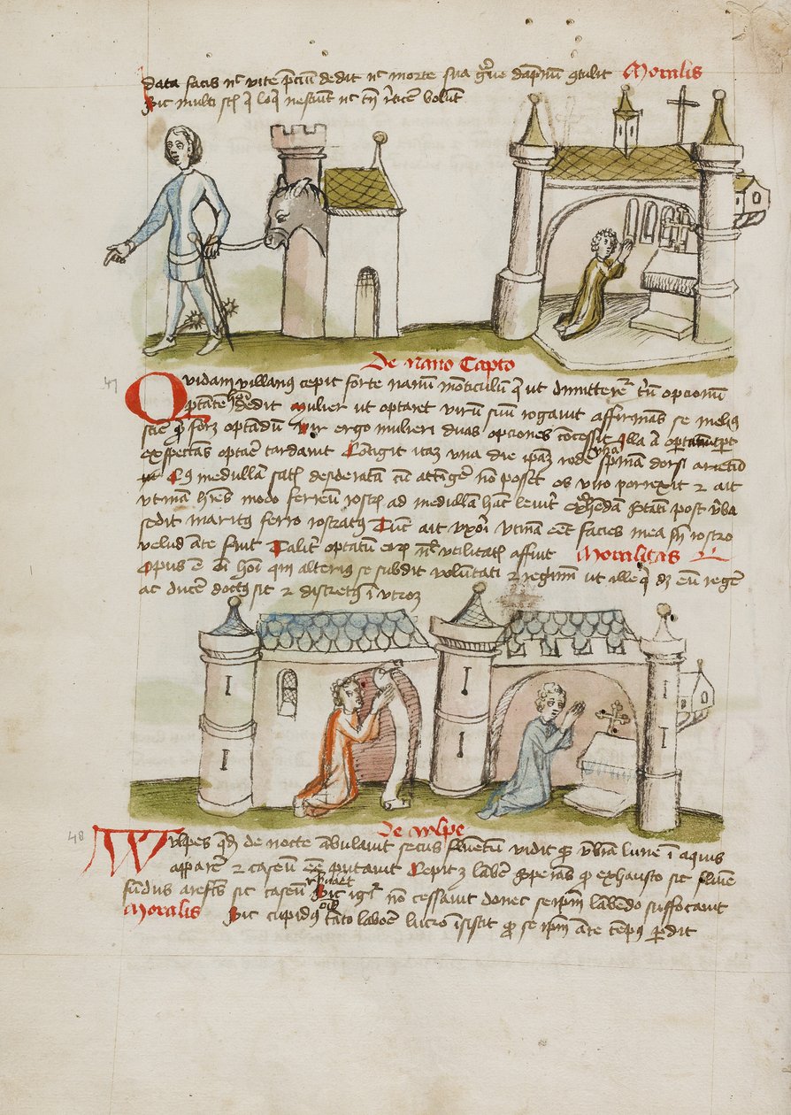 Un uomo con spada e speroni conduce un asino dalla sua casa mentre un uomo prega in una chiesa vicina; due persone in preghiera in una chiesa da Unknown artist/maker