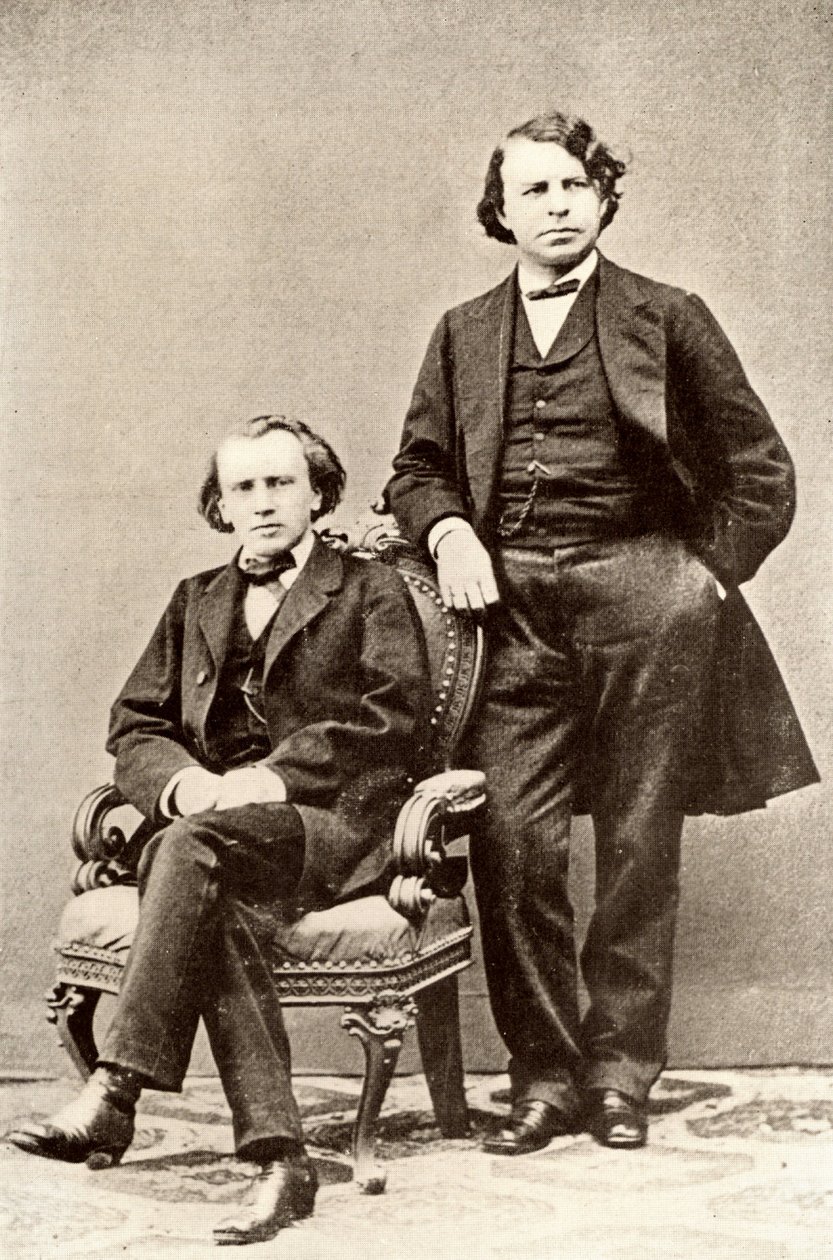 Johannes Brahms (1833-1897) compositore tedesco, seduto, con Joseph Joachim (1831-1907) violinista e compositore ungherese, e direttore del Conservatorio di Berlino. Mezzatinta da una fotografia da Unknown photographer