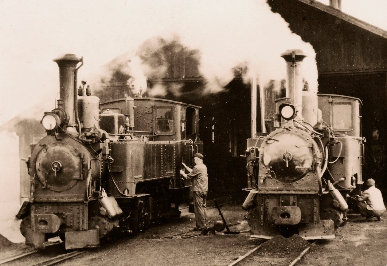 Due locomotive a vapore in manutenzione da parte di due operai da Unknown photographer