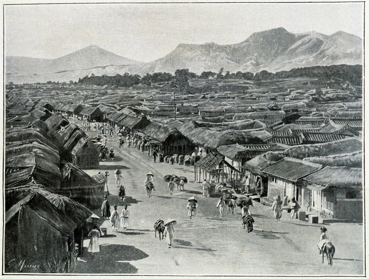 Veduta della strada principale di Seoul, capitale della Corea nel XIX secolo da Unknown photographer