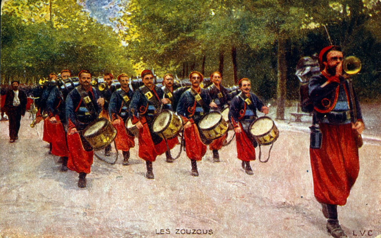 Cartolina propagandistica della Prima Guerra Mondiale, 1916 circa, raffigurante i soldati zuavi del Nord Africa. da Unknown photographer