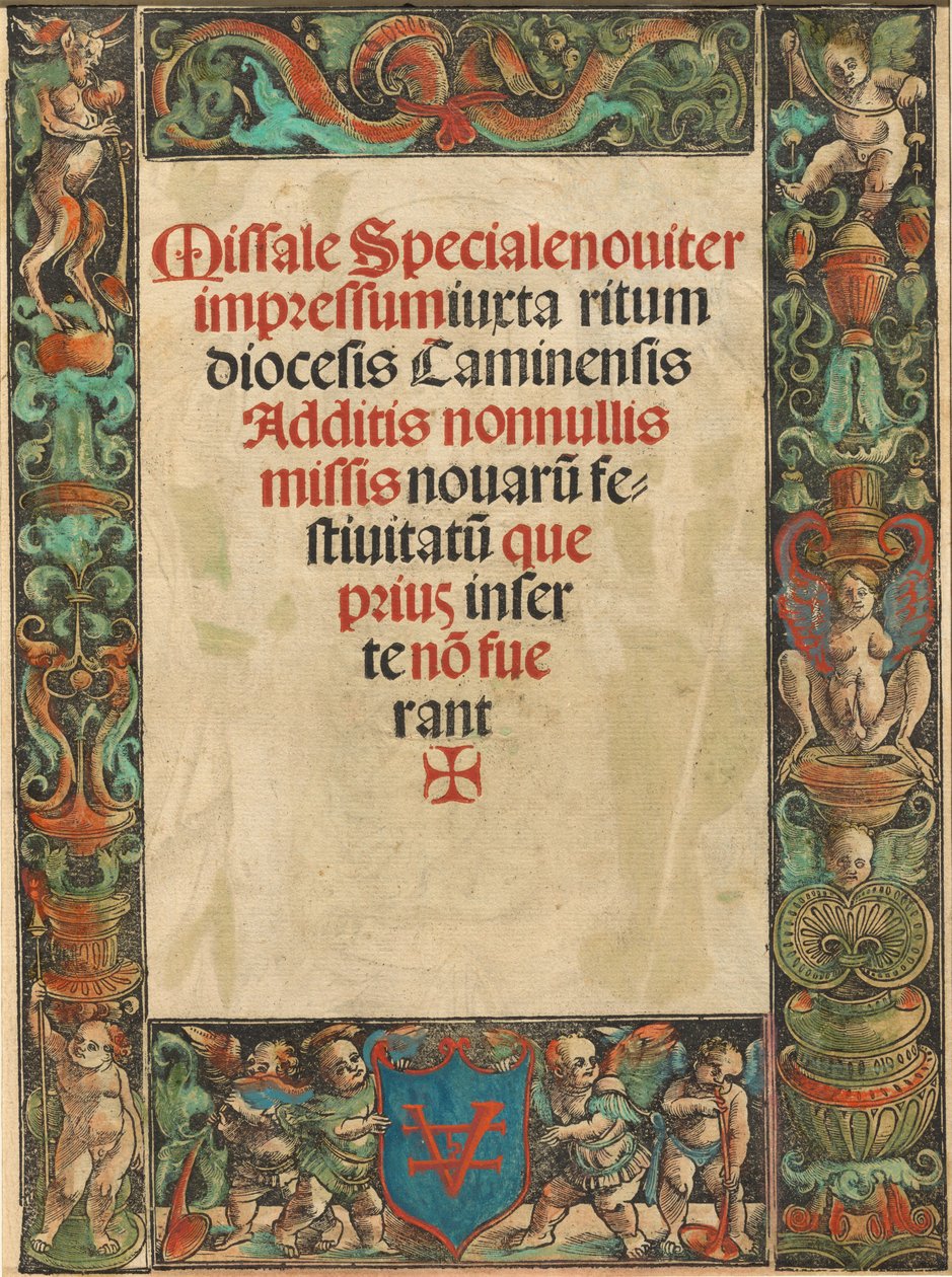Pagina del titolo per un messale, con bordo di satiro e putti [verso] da Urs Graf I