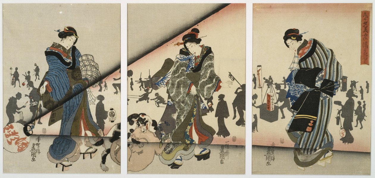 Scena notturna con ragazze, animali e lanterne, metà del XIX secolo da Utagawa Kunisada