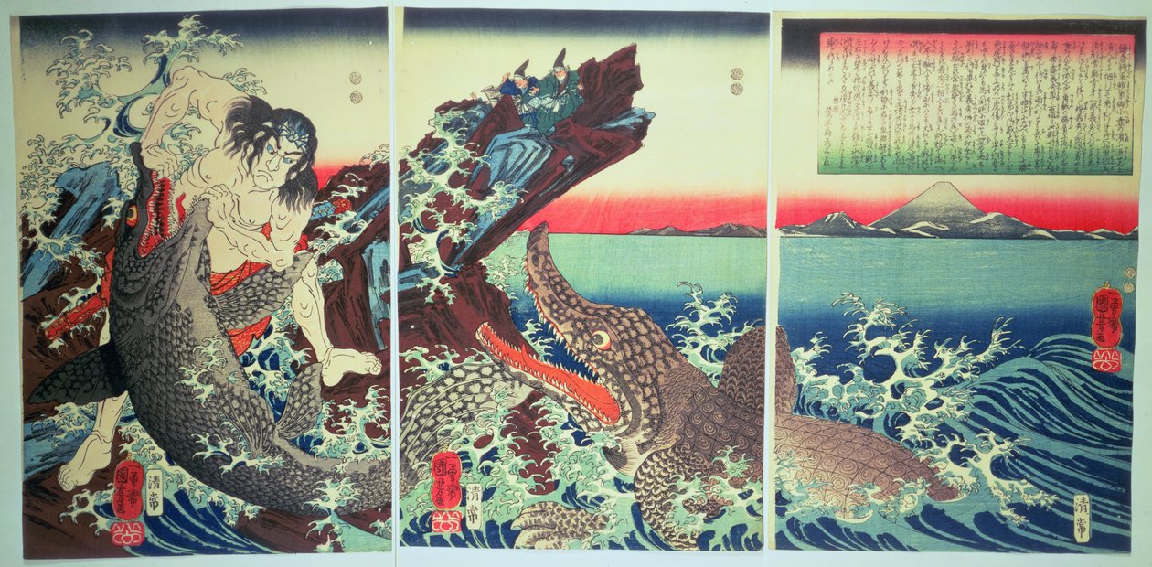 Asahina Saburo e i coccodrilli, pub. 1849 da Utagawa Kuniyoshi