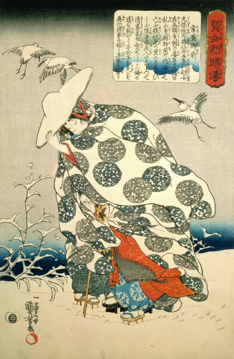 Tokiwa-Gozen con i suoi tre figli nella neve, pub. c.1840 da Utagawa Kuniyoshi