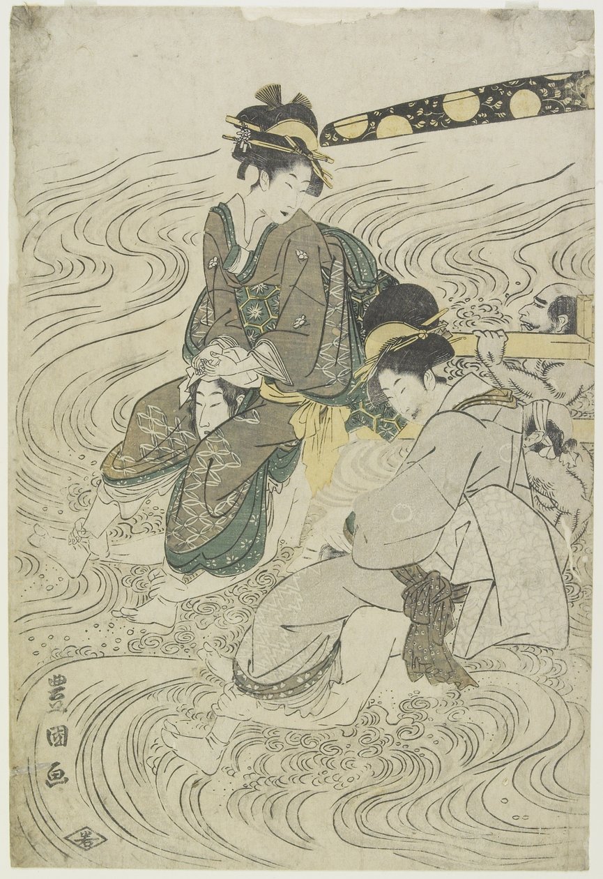 Due donne che attraversano un fiume sulle spalle di coolies da Utagawa Toyokuni