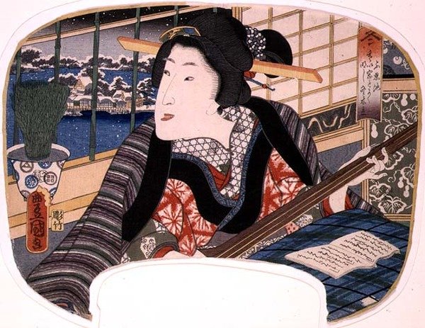 Inverno, Stagno di Shinobazu; Una Geisha che Pratica una Ballata, disegno per un ventaglio da un set di quattro che illustrano le stagioni da Utagawa Kunisada