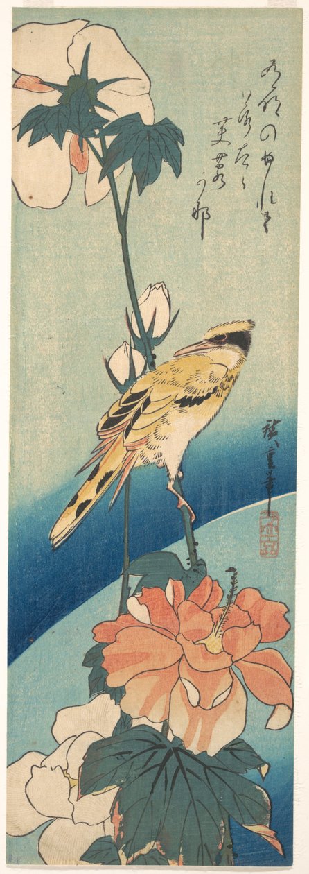 Ein Schwarzrückenpirol auf einem Hibiskusstängel da Utagawa Hiroshige