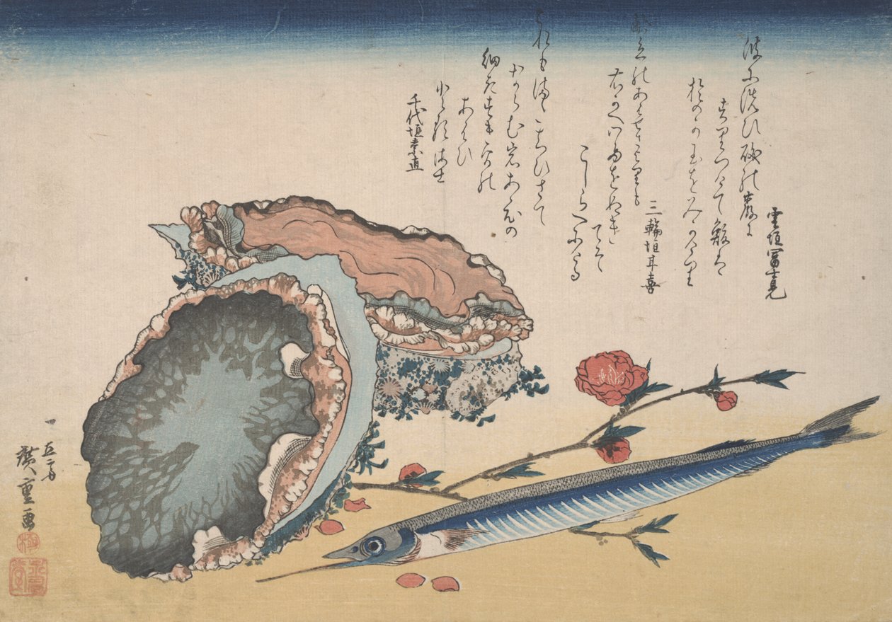 Abalone, mezza beccaccia e fiore di pesco da Utagawa Hiroshige